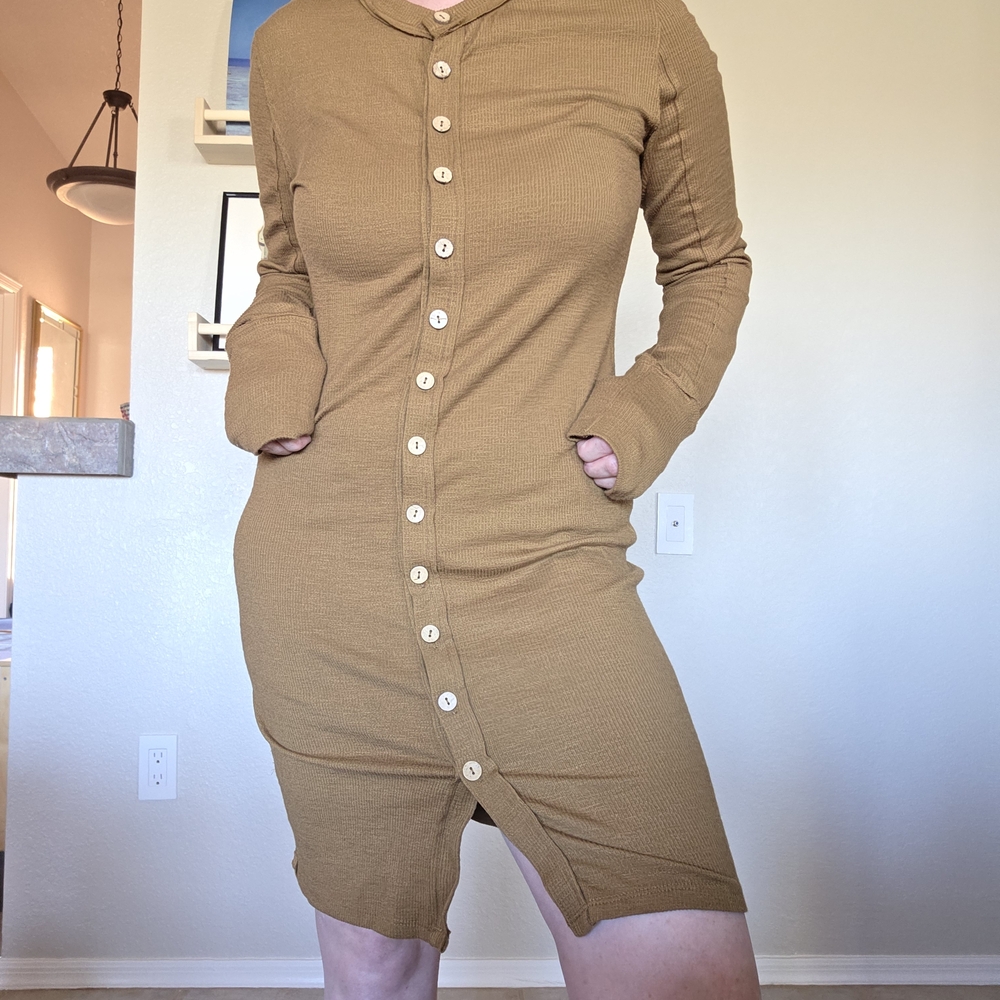 Button-Front Ribbed Long Sleeve Dress in Brown/ Free People